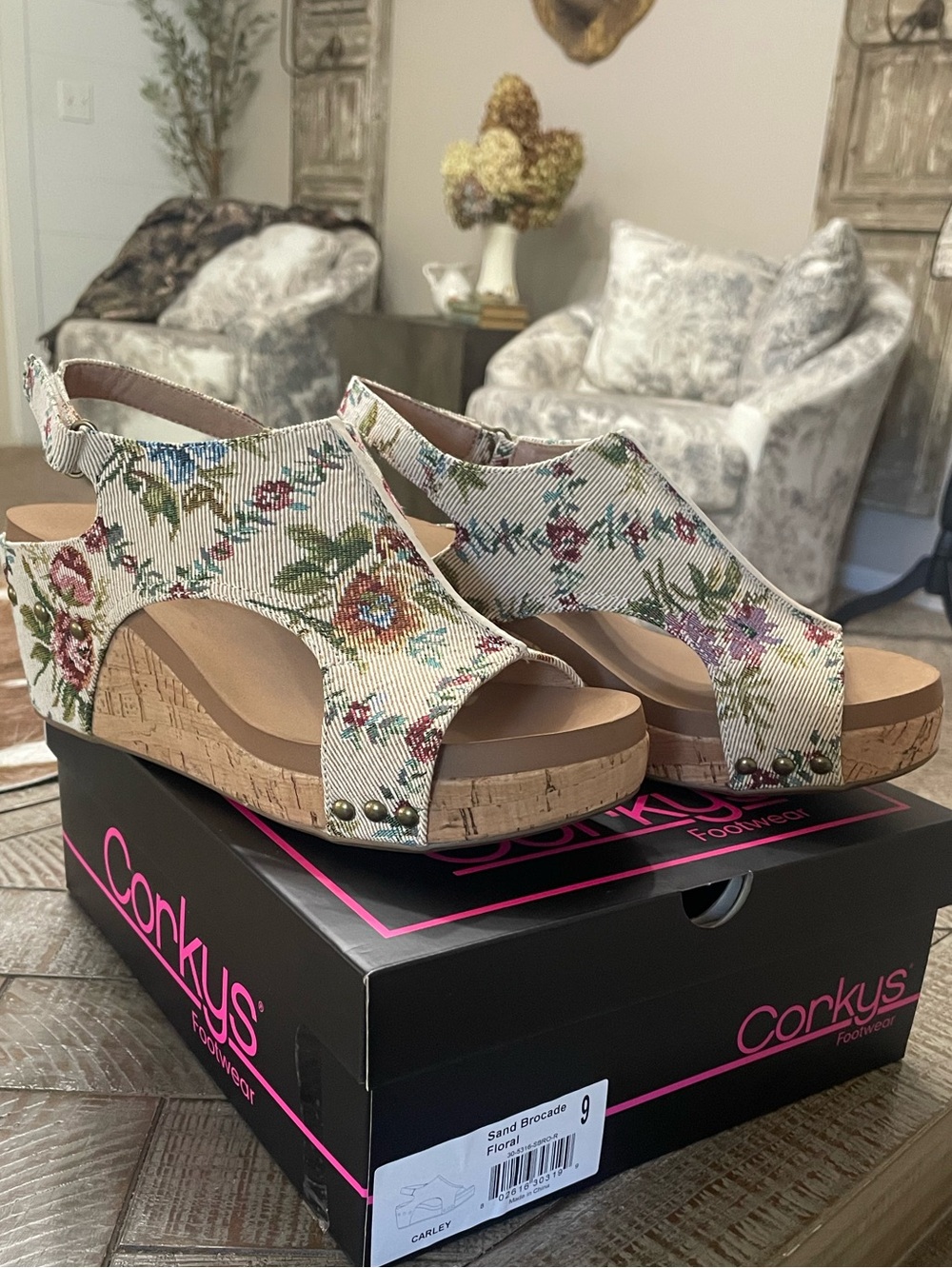 NWT Corky's  Carley Sand Brocade Floral Cork Wedge